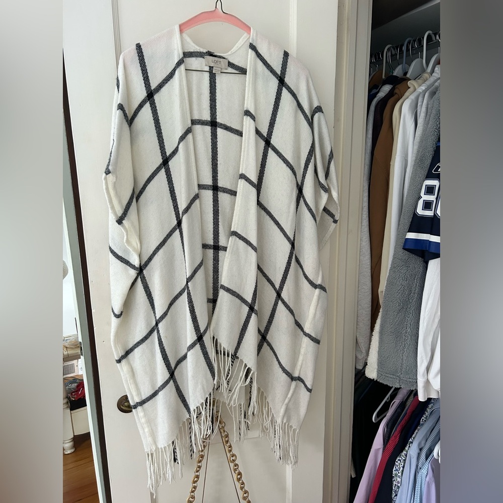LOFT Cream and Black Checkered Poncho Shawl One Size